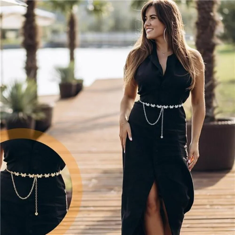 Silver Women Butterfly Waist Chain Belt Metal RhinestonesWaist Belts Women Dress